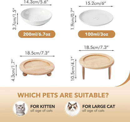 Raised Ceramic Wide Whisker Friendly Cat Dishes, Food&Water Bowl with 2 Style Stand Adjustable Pet Bowl Set(1Dish+1Shallow Dish+Stand, White