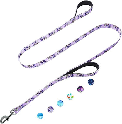 Double Handle Dog Leash 4ft with 2 Padded Handles, Cute Purple Dog Leash with Soft Dual Handle, Walking Training Lead for Small Medium Large Dogs, Lavender Lily