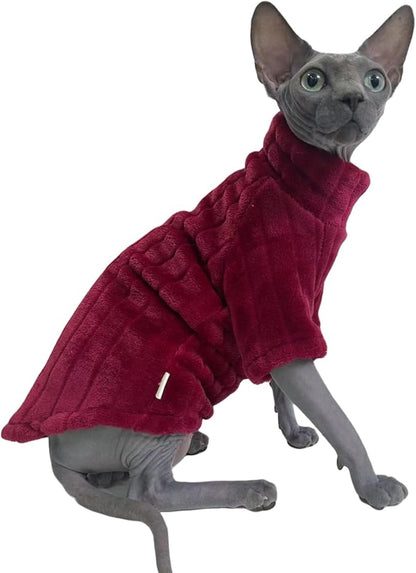 Turtleneck Sweater for Sphynx Cat Soft Coral Fleece Cat Clothes Thick Winter Warm Outfit Coat for Hairless Cats and Small Dogs Apparel with Sleeves (Wine, S (3-5 lbs))