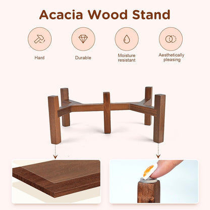 SPUNKYJUNKY Ceramic Dog Bowls with Acacia Wood Stand Raised Food and Water Bowl for Small Medium Sized Dog (Deep, 15.5cm)