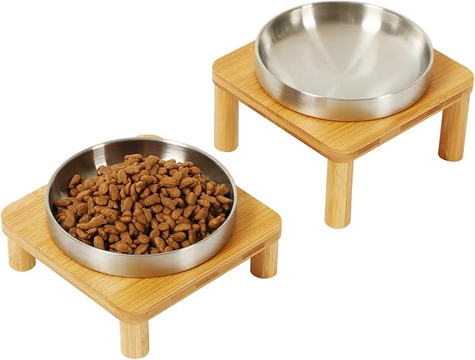 Elevated Cat Bowls for Indoor Cats – Raised Bamboo Cat Bowl Stand with 5.5 Inch Wide Stainless Steel Dishes, Pet Food Table Plate for Easy Feeding, Whisker Friendly(Silver,Set of 2)