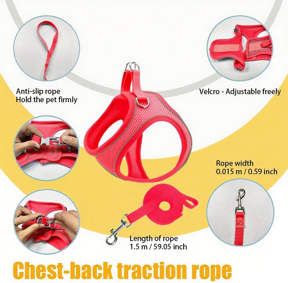 Dog Harness Small Sized and Leash Set, Dog Harness with Leash Set, Comfortable Air Mesh Dog Vest Harness with Reflective Strip, Reflective for Safe Easy Walking Dogs, Cats, Red S