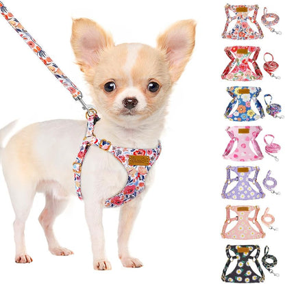 SlowTon No Pull Dog Harness with Leash - Soft Lightweight Floral Pattern Puppy Harness, Adjustable Pet Harness for Small Medium Dogs Pupppy (Flower M)
