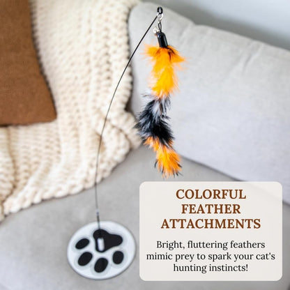 Cat Wand Toy with Round Base – Interactive Feather & Glow-in-The-Dark Octopus Attachments – Suction Cup Cat Toy for Indoor Cats & Kittens