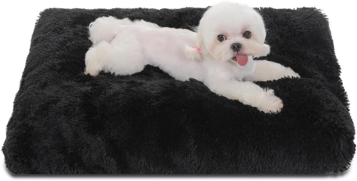 Bedfolks Plush Dog Crate Pad, Washable Dog Kennel Bed, Faux Fur, 17"x12", Black