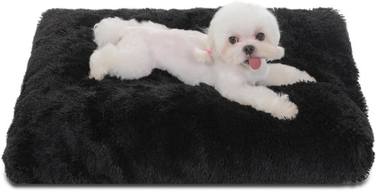 Bedfolks Plush Dog Crate Pad, Washable Dog Kennel Bed, Faux Fur, 17"x12", Black