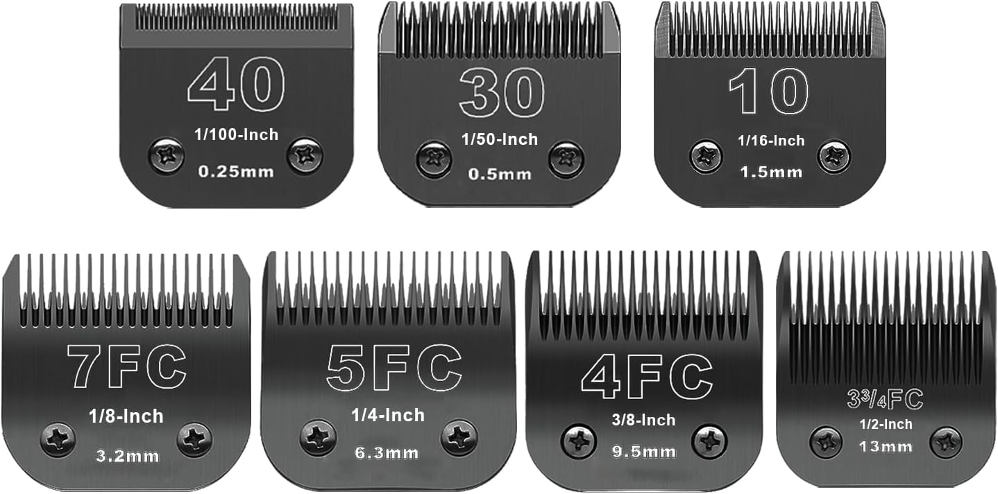 Black Detachable Pet Dog Grooming Clipper Stainless Steel Blades Set,Compatible with Andis,Oster A5,Wahl KM10 Series Clippers,Cut Length 1/100"(0.25mm) to 1/2"(13mm) ,7 Pack (10+30+40+7FC+5FC+4FC+3FC)