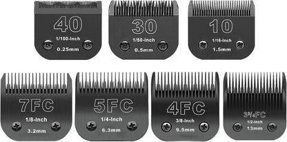 Black Detachable Pet Dog Grooming Clipper Stainless Steel Blades Set,Compatible with Andis,Oster A5,Wahl KM10 Series Clippers,Cut Length 1/100"(0.25mm) to 1/2"(13mm) ,7 Pack (10+30+40+7FC+5FC+4FC+3FC)
