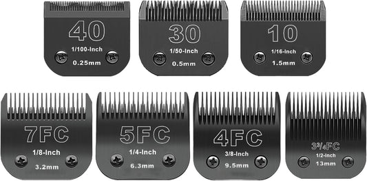 Black Detachable Pet Dog Grooming Clipper Stainless Steel Blades Set,Compatible with Andis,Oster A5,Wahl KM10 Series Clippers,Cut Length 1/100"(0.25mm) to 1/2"(13mm) ,7 Pack (10+30+40+7FC+5FC+4FC+3FC)