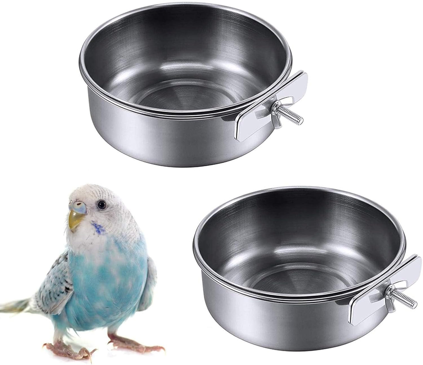 Kathson 2 Pack Bird Feeding Dish Cups, Stainless Steel bird bowls Parrot Feeders Water Cage Bowls with Clamp Holder Bird Feeders for Parakeet Cockatiels Conure Budgies Lovebird Finch and Small Animals