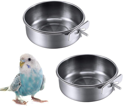 Kathson 2 Pack Bird Feeding Dish Cups, Stainless Steel bird bowls Parrot Feeders Water Cage Bowls with Clamp Holder Bird Feeders for Parakeet Cockatiels Conure Budgies Lovebird Finch and Small Animals