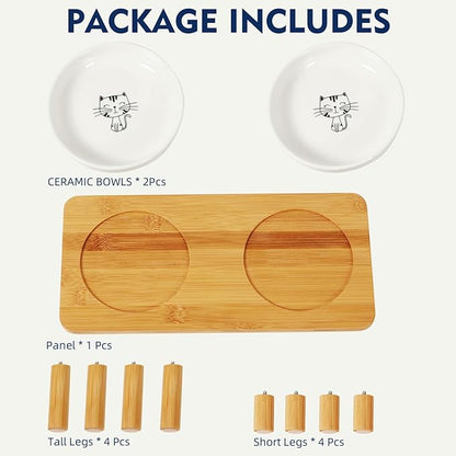 Elevated Cat Bowls for Indoor Cats – Raised Bamboo Cat Food Table with 2 Ceramic Dishes, Adjustable Height (4.25"/3.07"), Set of 1