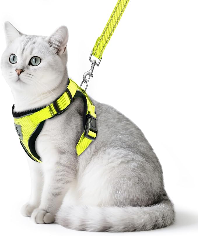 PUPTECK Cat Harness and Leash Set Escape Proof Reflective Cat Walking Harness Adjustable Soft Breathable Mesh Vest for Small Pets, Fluorescent Yellow, M
