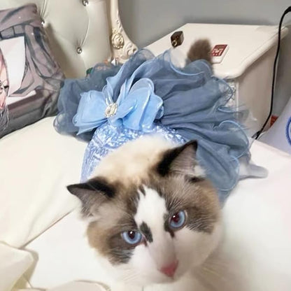 ANIAC Blue Cat Wedding Dress with Bow Knot Dog Wedding Outfit Formal Puppy Clothes for Girl Small Dog Luxury Pet Party Dress for Kitten Chihuahua Yorkie Pomeranian (Blue-2, Small)