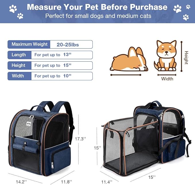 Lekebobor Extra Large Cat Backpack Carrier Expandable Pet Carrier Backpack for Small Dogs Medium Cats Fit Up to 18 Lbs, Dog Backpack Carrier, Foldable Puppy Backpack Carrier for Travel, Hiking,Blue
