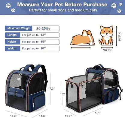 Lekebobor Extra Large Cat Backpack Carrier Expandable Pet Carrier Backpack for Small Dogs Medium Cats Fit Up to 18 Lbs, Dog Backpack Carrier, Foldable Puppy Backpack Carrier for Travel, Hiking,Blue