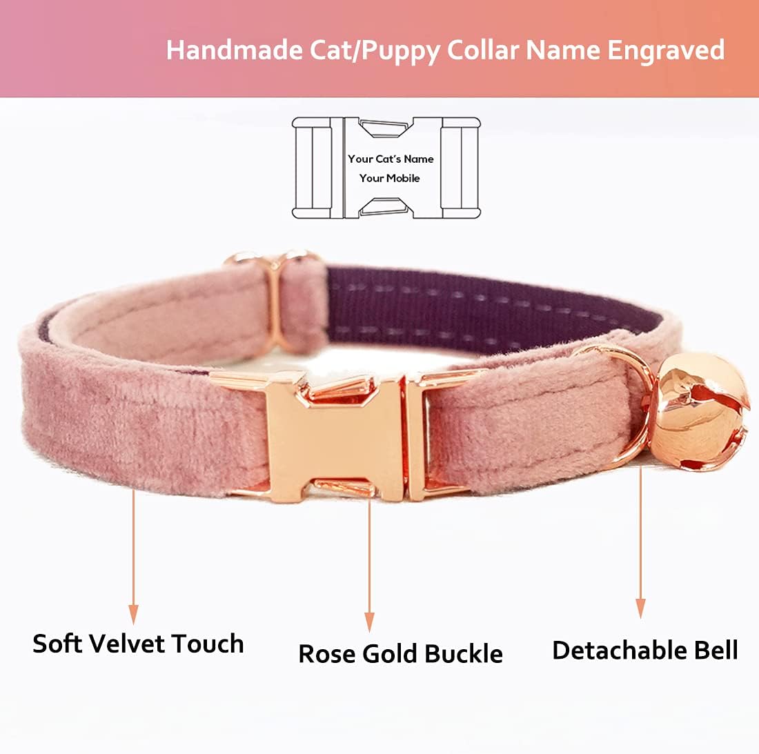 Cat Collar Personalized with Name Engraved and Bell, Customized Velvet Collars for Puppy Kittens (Pink, L)