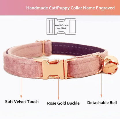 Cat Collar Personalized with Name Engraved and Bell, Customized Velvet Collars for Puppy Kittens (Pink, L)