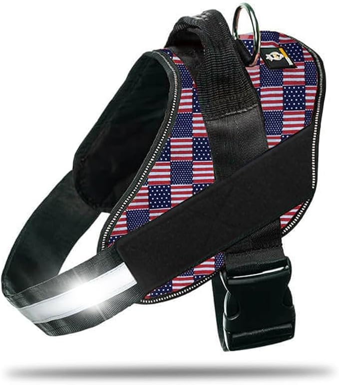 Non Pull Dog Harness with Patch Panels and Handle, Adjustable, Reflective, No Choke, Heavy Duty Easy On Service Dog Vest Harnesses for Medium Large Small Sized Dogs - US Flag, XS