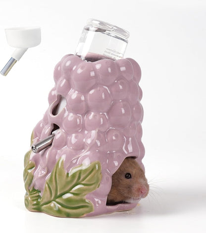 Hamster Water Bottle, Grape Ceramic Hamster Water Dispenser for Glass Tank,125ML Water Bottle Holder with 2 No Drip Caps for Syrian Mice,Gerbil
