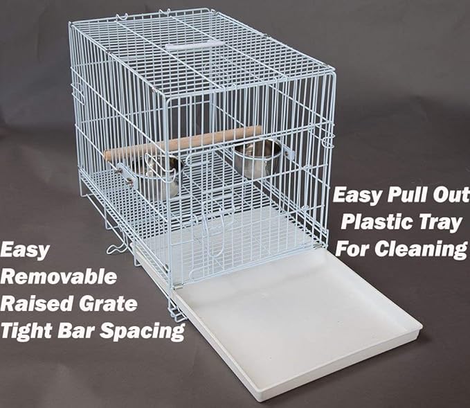 White Durable Metal Easy Foldable Travel Vet Carrier Perch Stand Metal Cage Prevent Your Parrot Bird Prevent Beaks Out Stainless Feeder Cups Natural Wooden Perch Stand