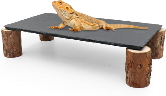 Bearded Dragon Basking Platform, Slate Rocks for Reptiles with Wooden Pile, Leopard Gecko Hides and Caves, Reptile Tank Accessories for Bearded Dragons, Geckos, Ball Pythons, Tortoise (Black, Large)