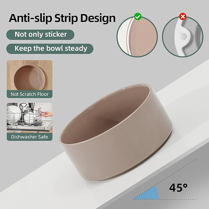 Ceramic 6.1inch Raised Dog Bowl with Stand for Small and Medium Breed Dog Dish Pet Food and Water Bowl (Double Bowl with Stand - Brown Coffee, 28oz)