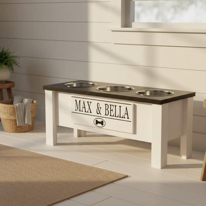 GrooveThis Woodshop - Personalized Elevated Triple Dog Bowl Stand for Large, Medium, Small, X-Small Dogs - 3 Stainless Steel Food and Water Bowls - Raised Dog Dish Internal Storage (Medium, Black)