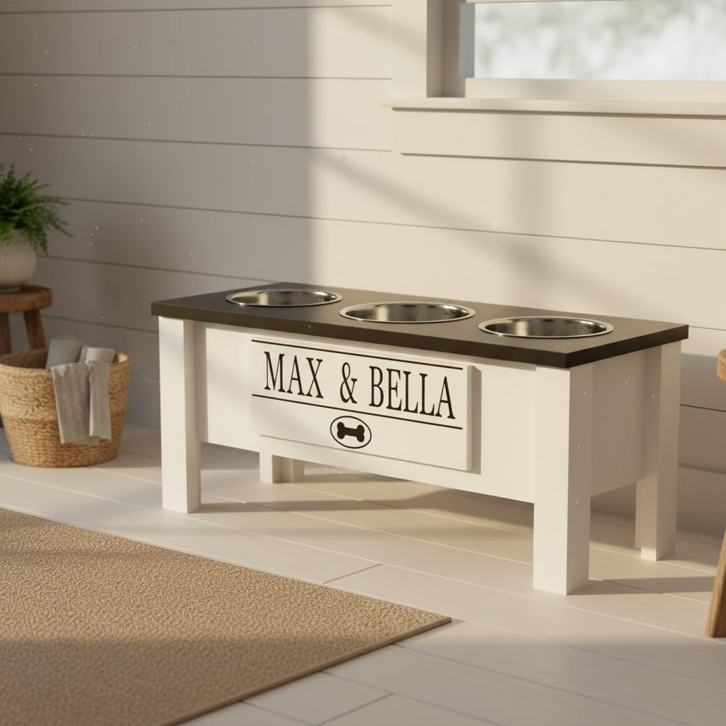 GrooveThis Woodshop - Personalized Elevated Triple Dog Bowl Stand for Large, Medium, Small, X-Small Dogs - 3 Stainless Steel Food and Water Bowls - Raised Dog Dish with Internal Storage (Large, Black)