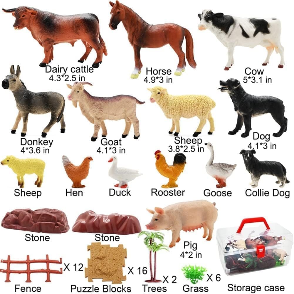 BOLZRA Farm Animal Figurines, Realistic Plastic Animals Toys with Fences Building Blocks, Farm Figures Playset Educational Birthday Gift for Kids & Toddlers, 53 PCS