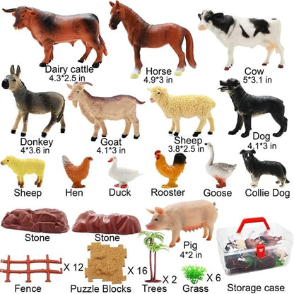 BOLZRA Farm Animal Figurines, Realistic Plastic Animals Toys with Fences Building Blocks, Farm Figures Playset Educational Birthday Gift for Kids & Toddlers, 53 PCS