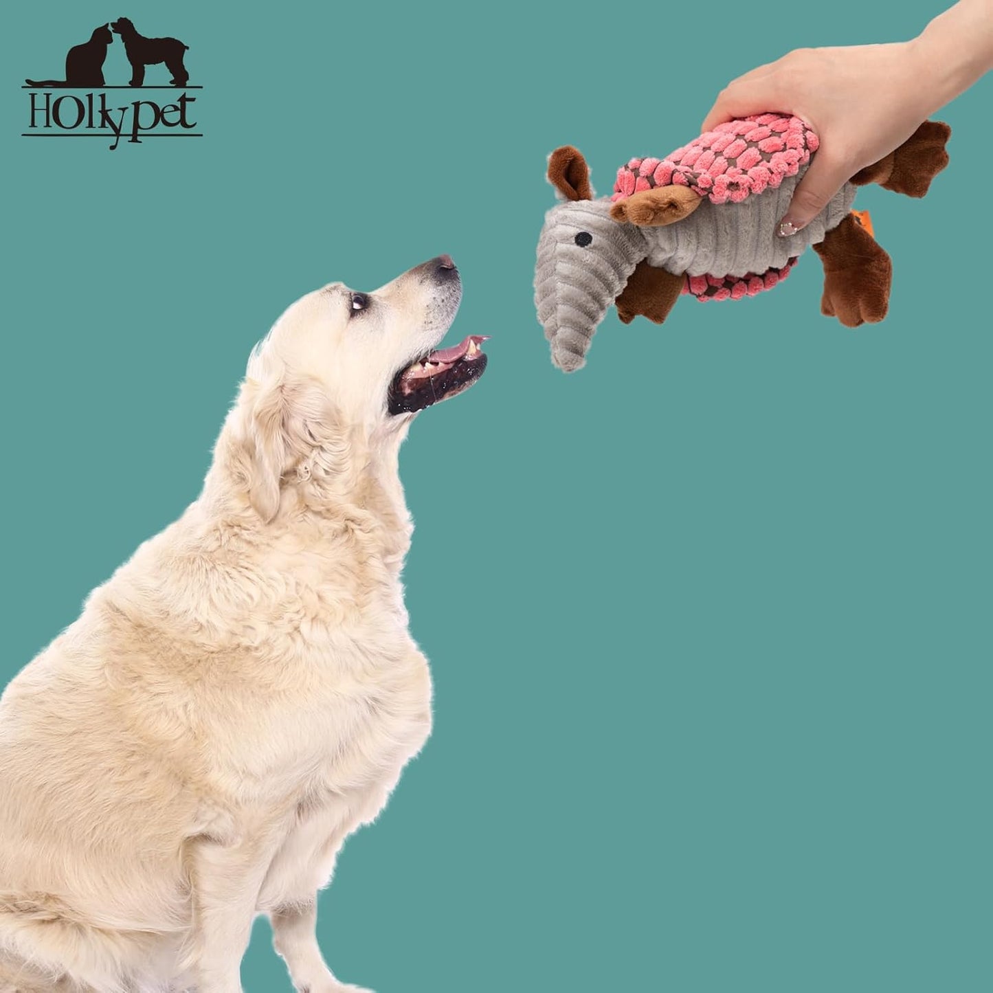 Hollypet Plush Dog Squeaky Toy Stuffed Armadillo Animal Pet Puppy Chew Toys with Clean Teeth for Small Medium Large All Breed Sizes Dogs, Bright Pink,8 in