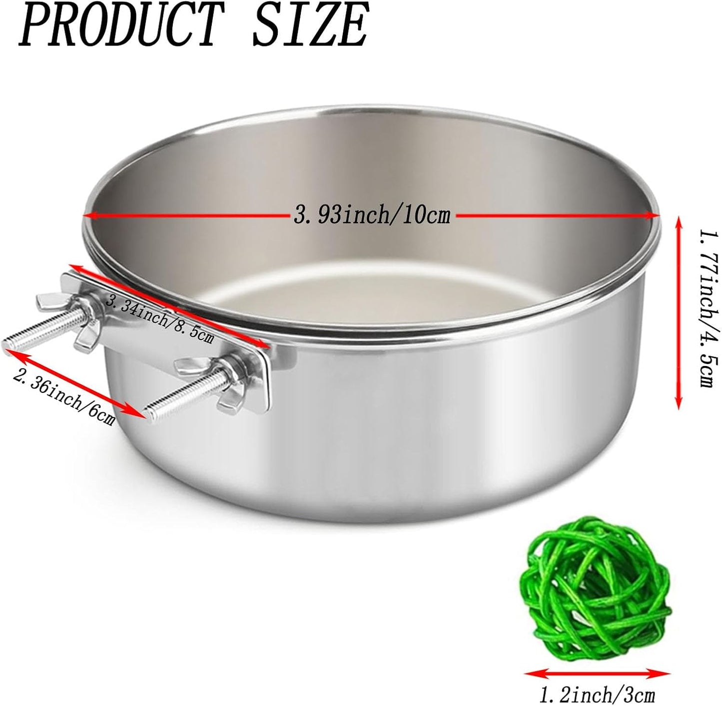 2 Pcs Stainless Steel Bird Food Water Bowls, Parrot Feeding Dish Cups with Clamp Holder Bird Ball Toys for Chinchilla, Cockatiel, Conure, Budgies, Parakeet, Lovebirds, Small Animals (Small)