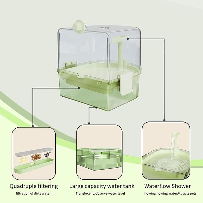 Automatic Bird Baths for Cage – Indoor Parakeet Bath with Pump, Bird Shower with 2 Modes Running Water, Bird Cage Accessory for Pet Birds Conure Budgies Cockatiels Lovebird(Green)