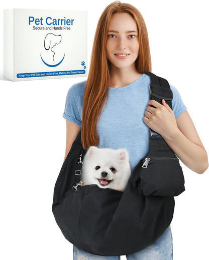 Small Dog Front Carrier Sling for 5-15lbs Dogs or Cats, Puppy Sling with Adjustable Straps and Pocket, Dog Pouch Carrier for Travel Outdoor Hands Free, Portable Large Capacity Pet Bag, Black