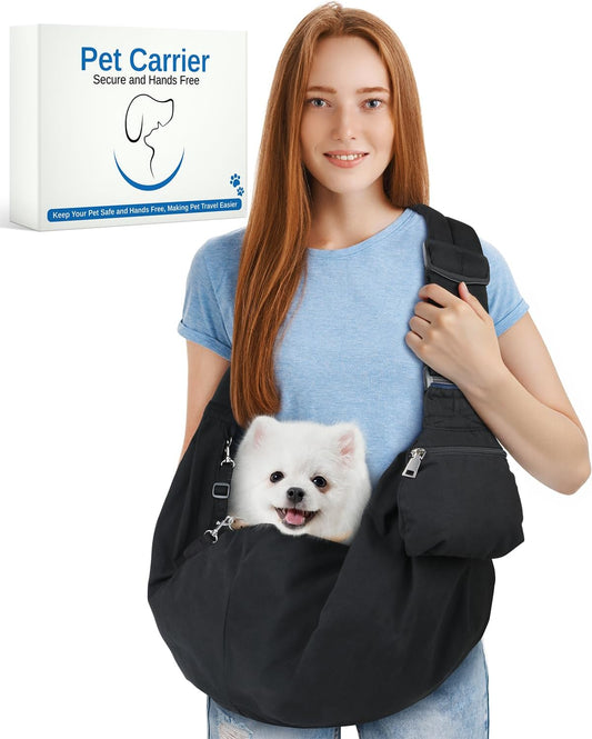 Small Dog Front Carrier Sling for 5-15lbs Dogs or Cats, Puppy Sling with Adjustable Straps and Pocket, Dog Pouch Carrier for Travel Outdoor Hands Free, Portable Large Capacity Pet Bag, Black