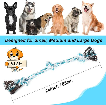SZEE Dog Rope Toys, 24 in 3 Knots Chew Rope for Medium and Large Dogs, Natural Cotton Pet Pull Toy for Tug of War and Teeth Cleaning (Blue)