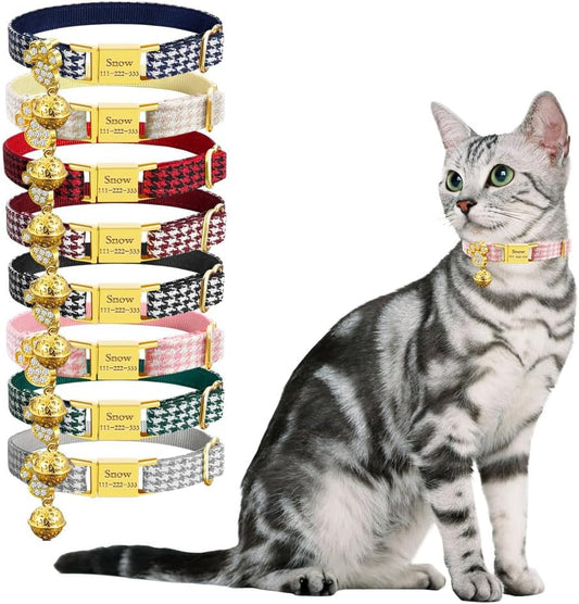 Personalized Breakaway Cat Collars - Magnetic Buckle, Bell - Safety Quick Release, Customized for Girls & Boys Cats - Houndstooth