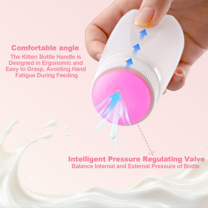 Kitten Bottle Feeding kit with Feeding Nipple and Syringe, Soft Silicone Nursing Pet Feeding Bottle, Ventilation Valve Resistant Tearing for Small Puppies, Kittens, Rabbit (L Nipple-Pink)