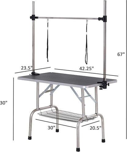 42" Dog Grooming Table Foldable Pet Grooming Tables with Adjustable Arm Noose Storage Mesh Tray Maximum Capacity Up to 330lbs Black