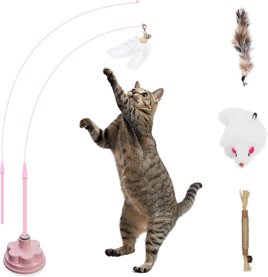 Suction Cup Cat Toys for Indoor Cats,3 in 1 Interactive cat Toys for Indoor Cats,Self Play or Handheld,Feathers & Bells,Realistic Toy Mouse and Silvervine Sticks(Pink)