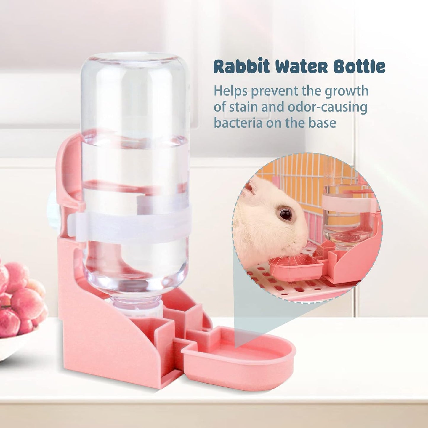 Rypet Rabbit Water Bottle No Drip - 17oz Hanging Water Fountain Automatic Dispenser Pet Cage Water Feeder for Bunny Chinchilla Guinea Pig Hedgehog Ferret Pink