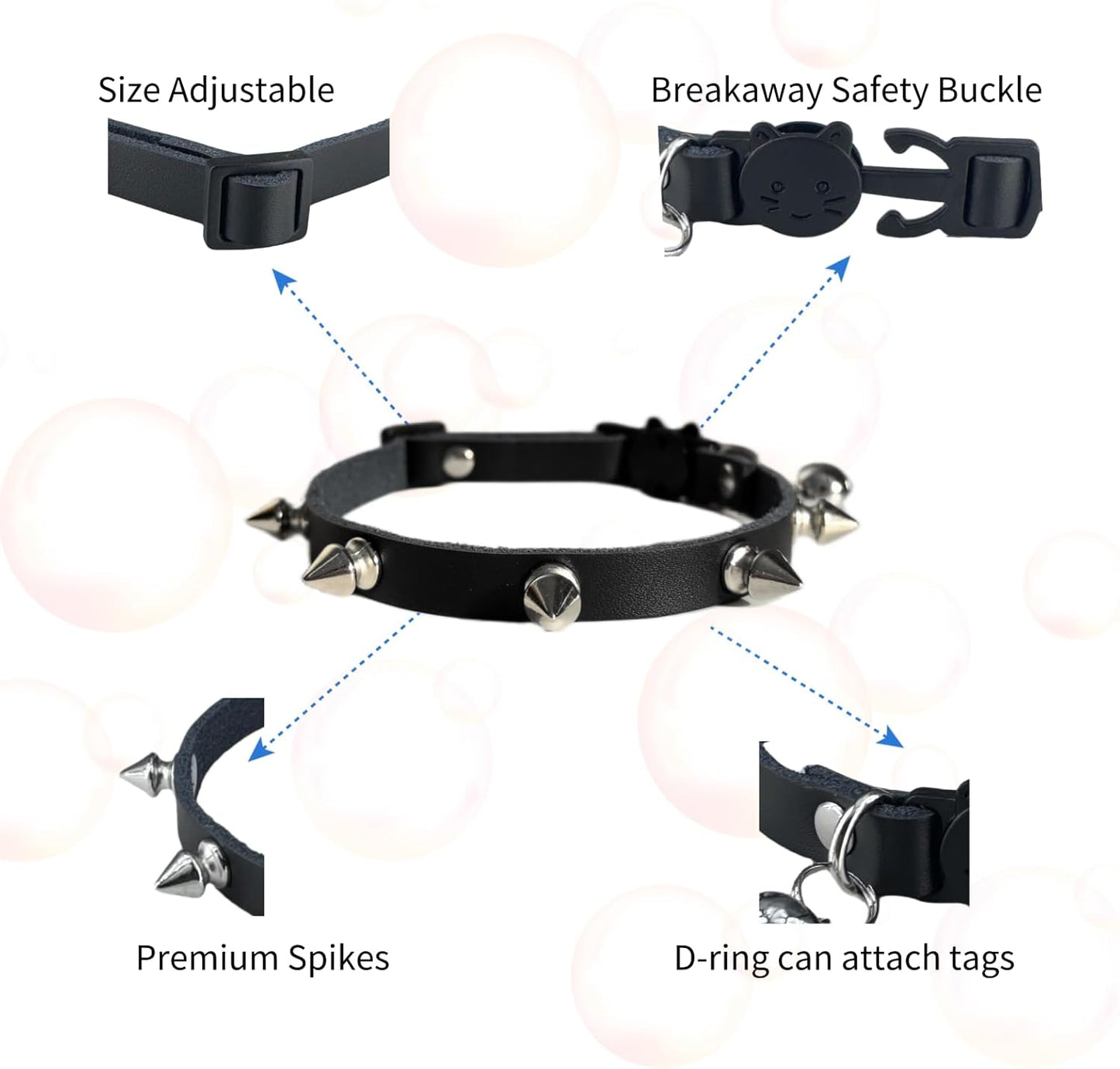 Spiked Cat Collar with Bells, Breakaway Genuine Leather Protective Collar for Kitty, Studs Spikes Punk Style Adjustable for Girl Boy Kittens Small Bunny Rabbit, 10"-12" Black