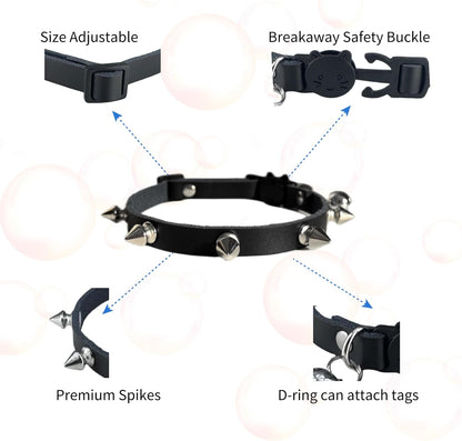 Spiked Cat Collar with Bells, Breakaway Genuine Leather Protective Collar for Kitty, Studs Spikes Punk Style Adjustable for Girl Boy Kittens Small Bunny Rabbit, 10"-12" Black