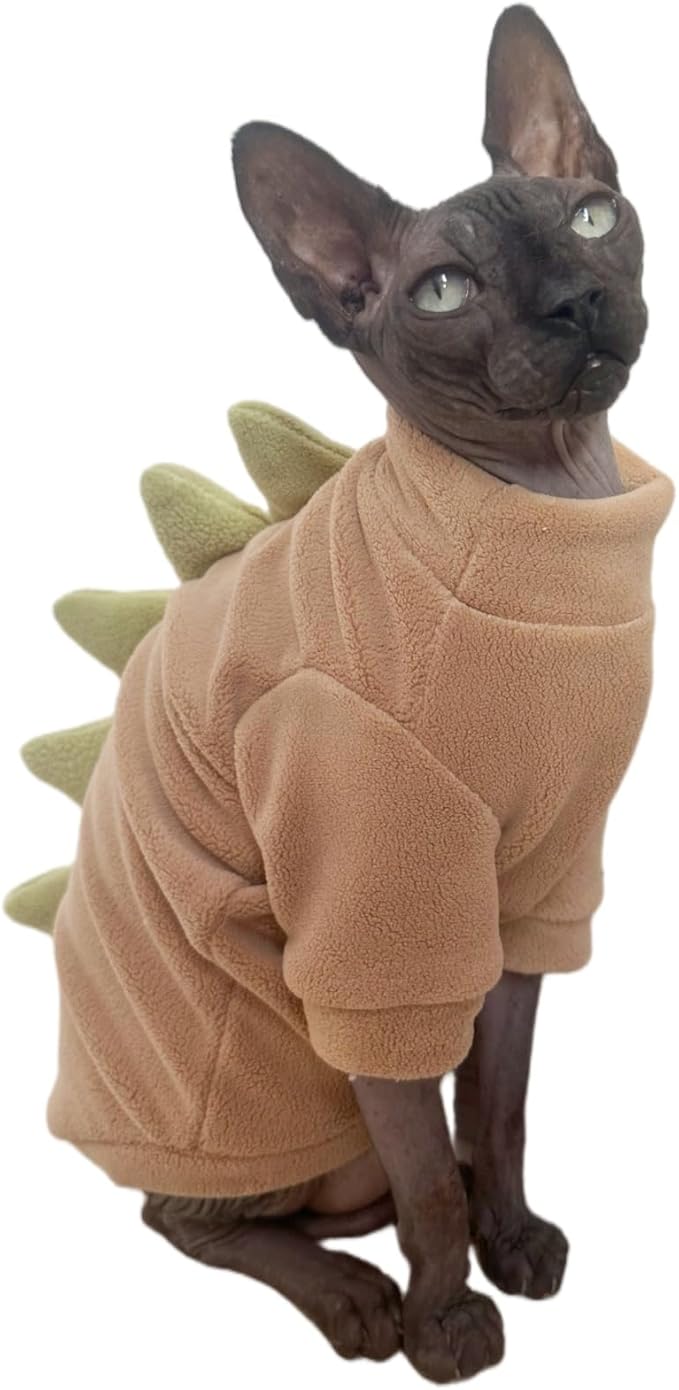 Dinosaur Sphynx Cat Clothes, Soft Polar Fleece Sweater for Cat, Elastic Pet Clothes Thick Winter Warm Outfit for Hairless Cat, Devon, Cornish, Small Dogs Apparel with Sleeves (Khaki, Small)