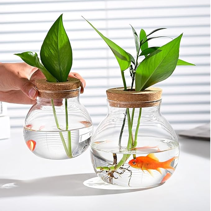 Small Fish Bowl, Cute Betta Tank, High Clear Fish Glass Bowl, Desktop Mini Aquarium Vases for Betta Fish and Hydroponic Plants, Plants Propagation Station, Home Office Table Decorations
