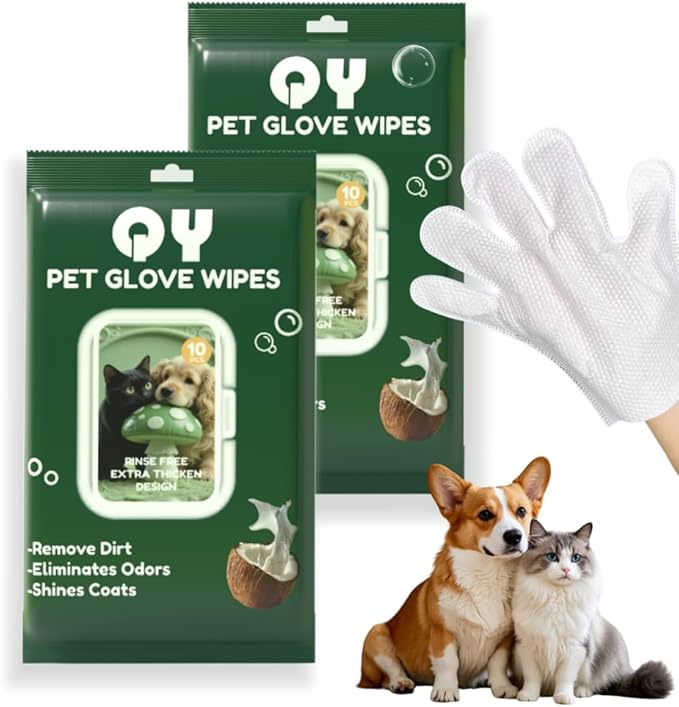 20-Pack Extra Thick Pet Cleaning Glove Wipes with Lid | Value Pack Dog & Cat Grooming Gloves | Rinse-Free Bath Wipes with Coconut, Aloe & Jojoba for Odor Control & Daily Care