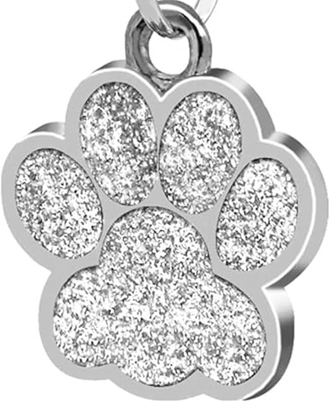 Cute Personalized Pet Name Tags for Cats/Dogs - Glitter Custom pet id tag, Dog id Tags Engraved for Pets, cat tag, pet Collar Charms, Dog Name tag (Paw-Shaped-Small: Silver)