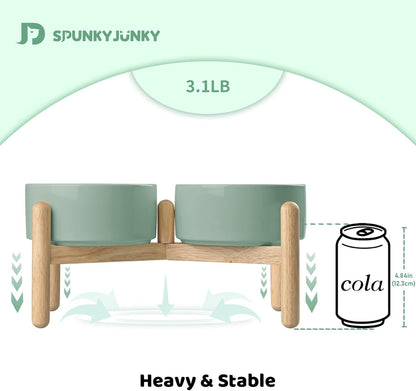 SPUNKYJUNKY Ceramics Raised Dog Bowls with Wooden Stand - Elevated Bowls for Small Medium Dogs (Double 28.7OZ, Light Green)