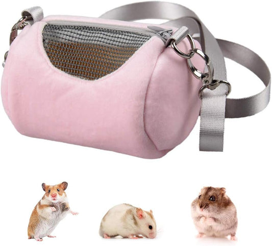 Dwarf Hamster Carrier Bag Portable Cylinder Warm Outdoor Bag with Adjustable Single Shoulder Strap (Pink)